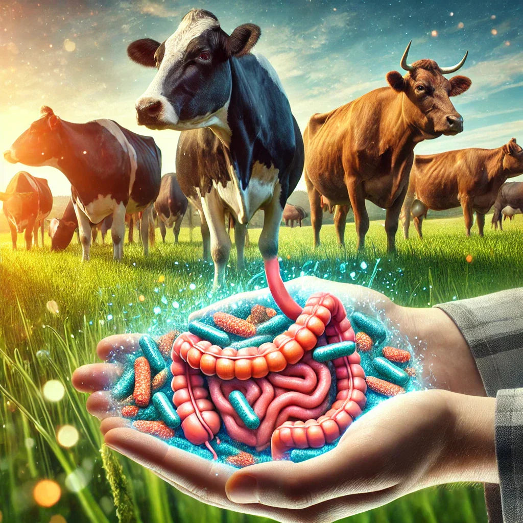 Cattle, like humans, rely on a complex gut microbiome to break down food, absorb nutrients, and fight off harmful pathogens.