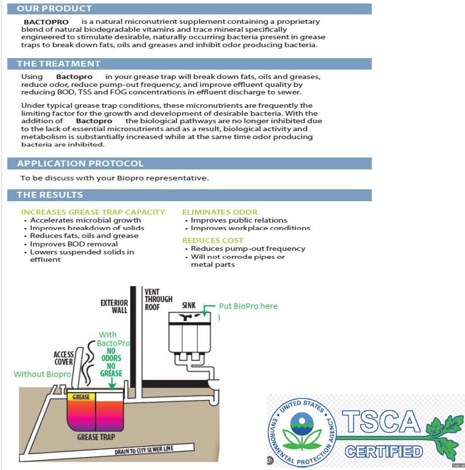 Bactopro, grease trap treatment, remove odor, 2 billion of bacteria that will digeste the grease,