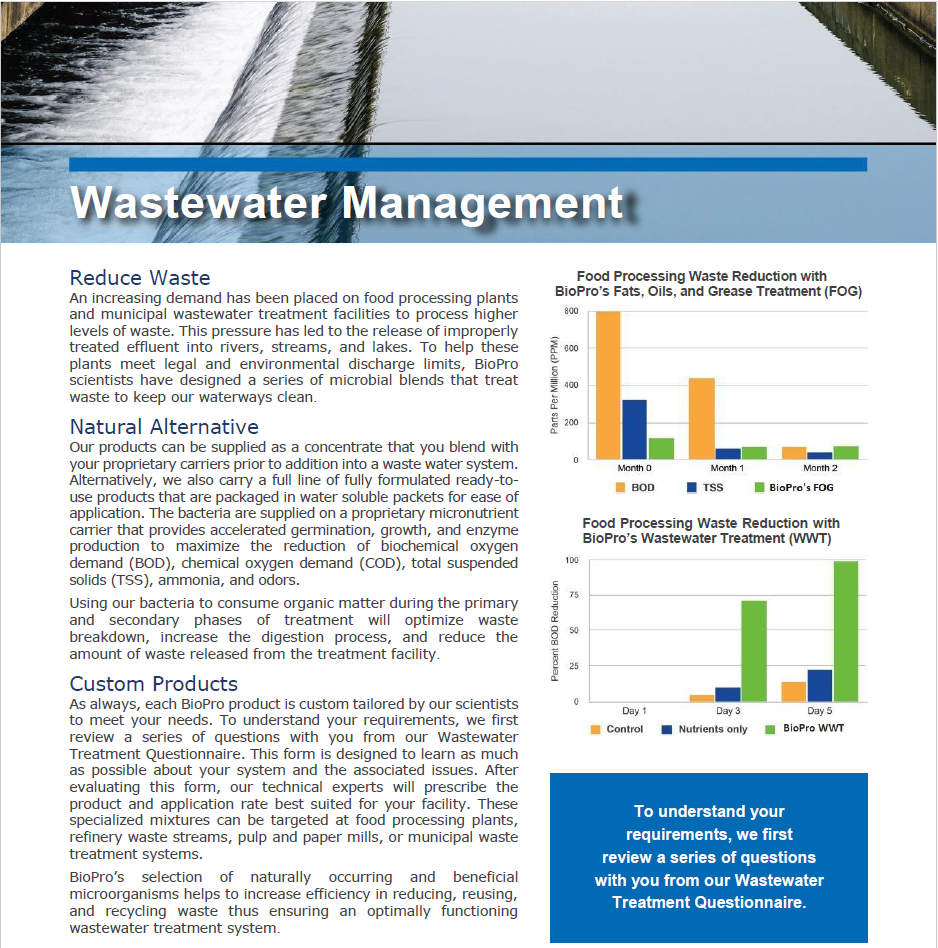 Waste Water TreatmentA ready to use dry blend of stabilized bacterial spores and micronutrients formulated for use in food and municipal wastewater treatment.
 
An increasing demand has Biopro SolutionBiopro SolutionBiopro SolutionWaste Water Treatment