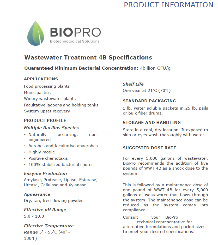 Waste Water TreatmentA ready to use dry blend of stabilized bacterial spores and micronutrients formulated for use in food and municipal wastewater treatment.
 
An increasing demand has Biopro SolutionBiopro SolutionBiopro SolutionWaste Water Treatment